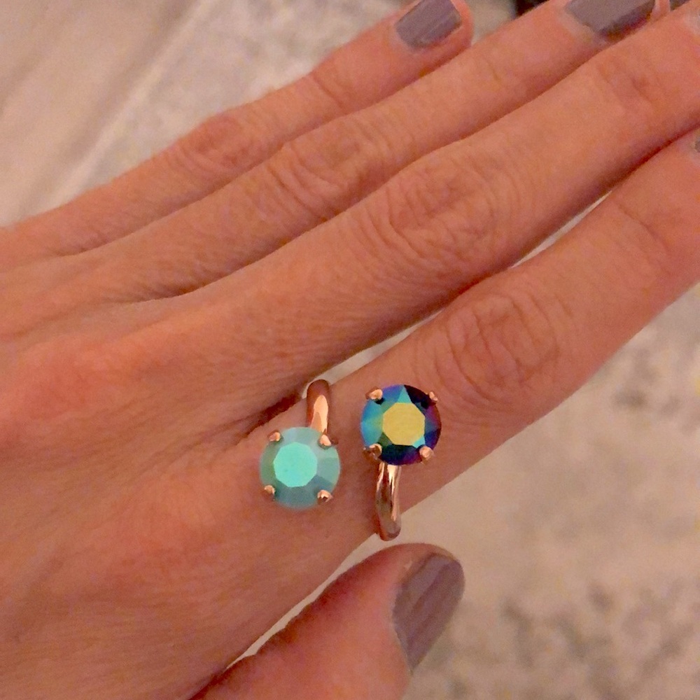 Iridescent Turquoise + Peacock Fuchsia Teal Rose Gold Crystal Ring - Picture 7 of 15
